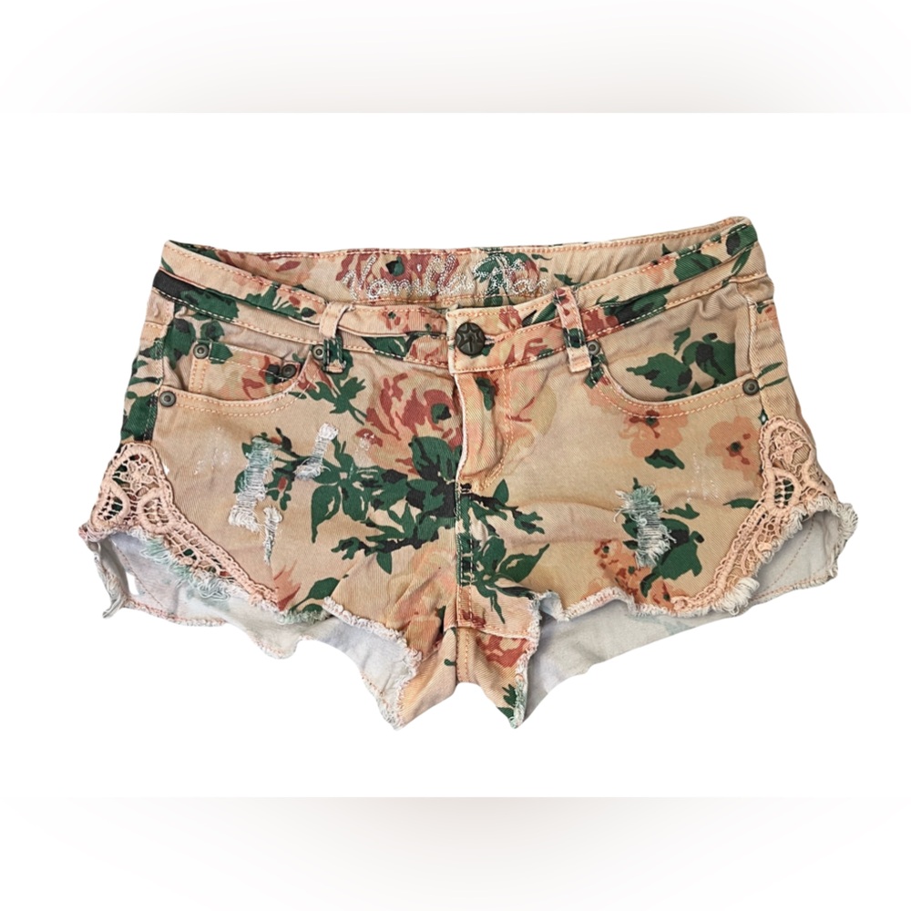 Vanilla Star Floral Rose Distressed Lace Pink Denim Jeans Shorts Size Small S